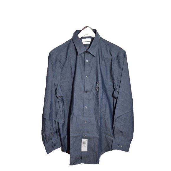 Calvin Klein Shirt Mens L Blue Steel+ Slim Fit Herringbone Button‎ Down NEW - Picture 1 of 11